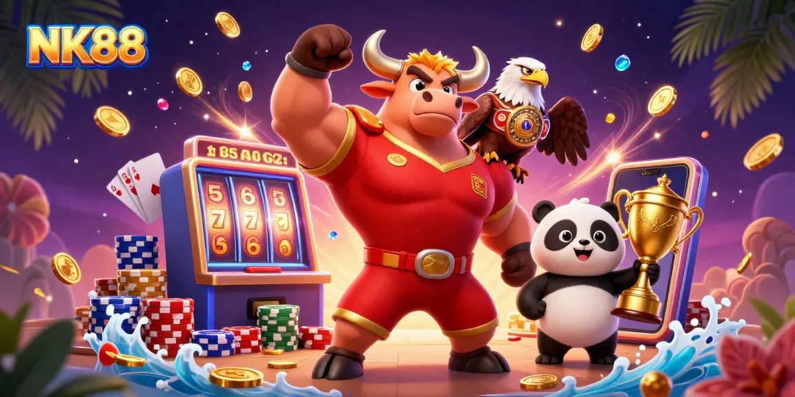 Experience thrills at NK88 with a victorious bull mascot, eagle, and panda celebrating a jackpot win!