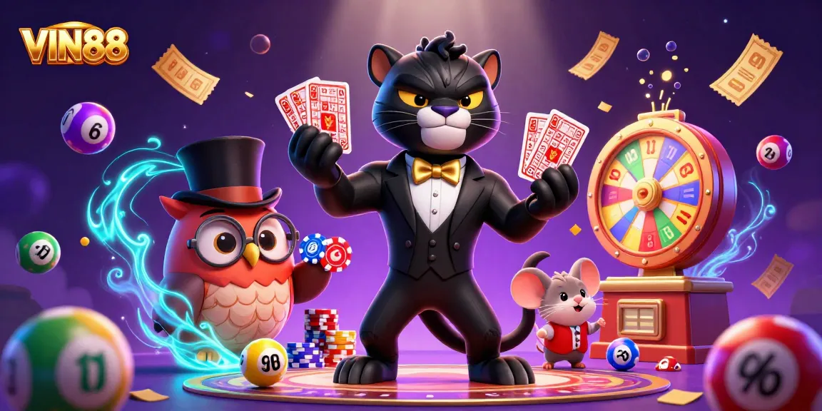 Experience lively gaming at VIN88 with a stylish panther dealer, charming owl, and lucky mouse!