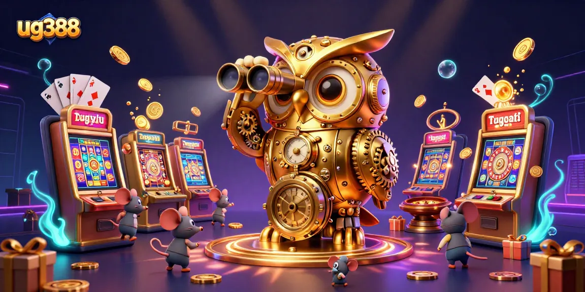 Experience the excitement of ug388 with a magical casino scene featuring a clockwork owl, slot games, and vibrant casino elements