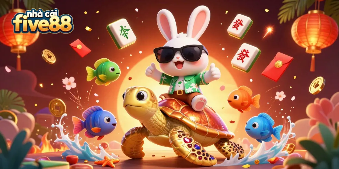 Join the fun at nhà cái five88 with a vibrant 3D casino-themed illustration featuring lucky symbols.