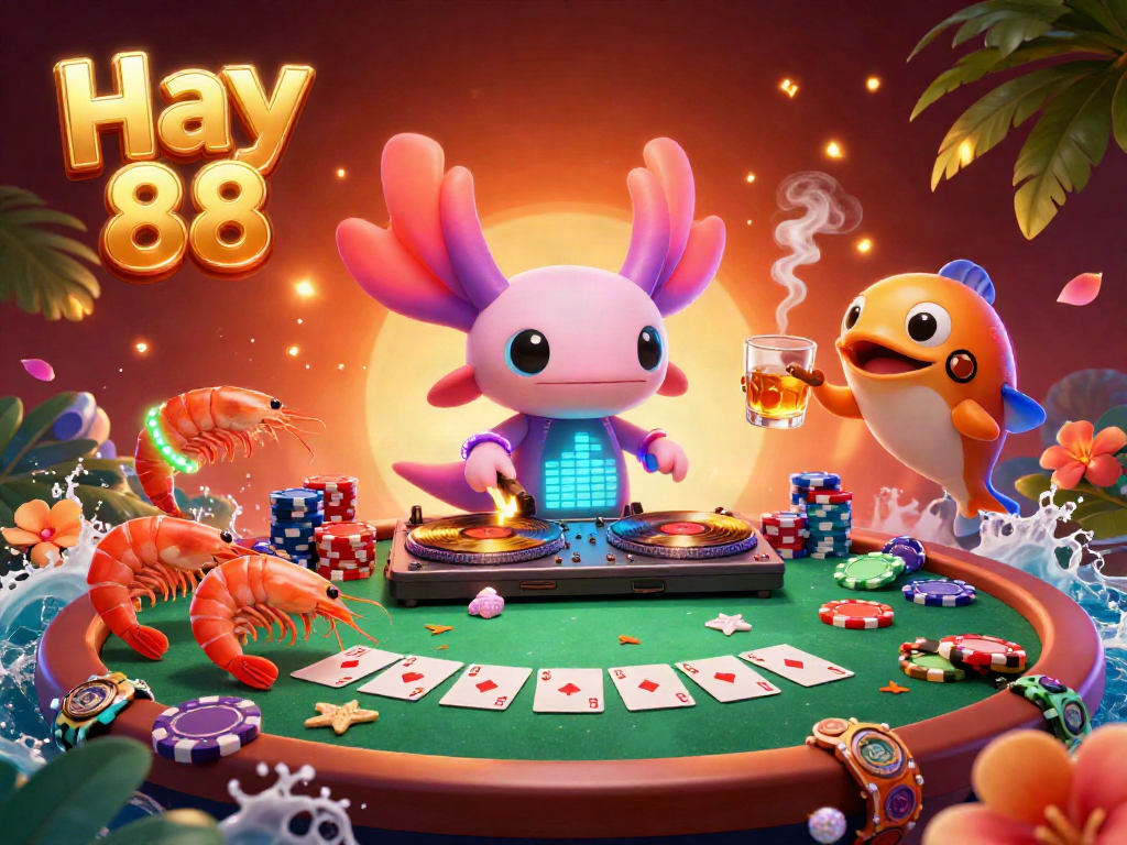 Experience Hay 88's vibrant underwater casino with neon axolotl DJ and ocean-themed gaming elements.