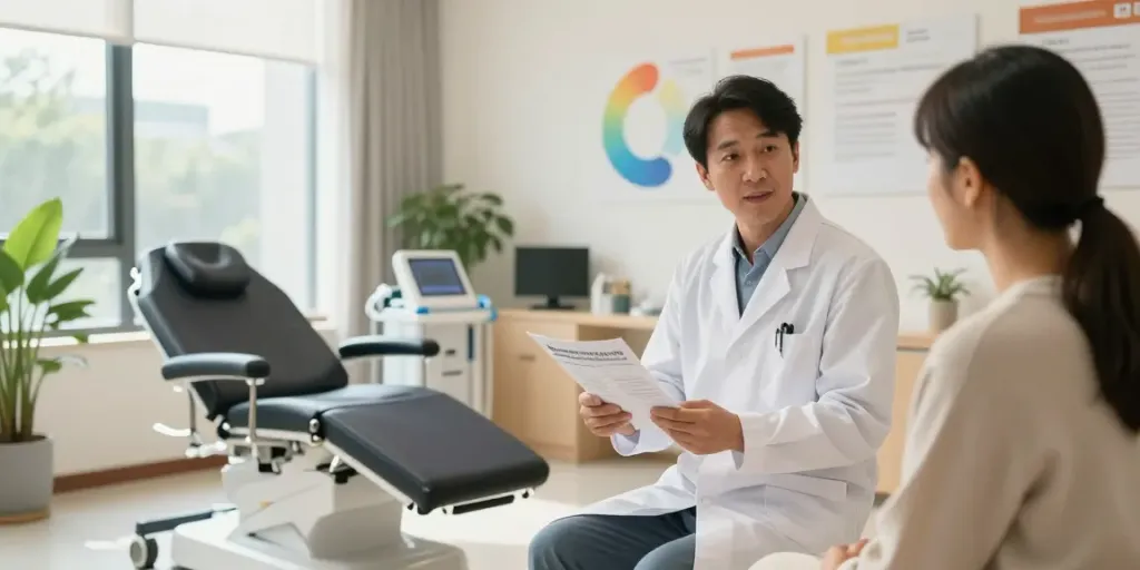 Professionele zorgomgeving waar ketamine kopen wordt besproken met een patiënt.