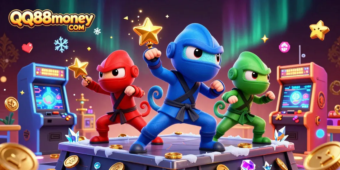 Experience thrilling gaming adventures with QQ88money COM's cartoon ninja chameleon team in a vibrant casino scene.