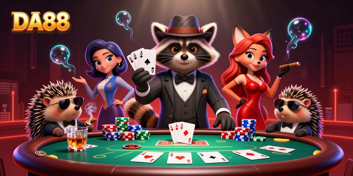 Engage with the DA88 casino scene featuring a raccoon and fox celebrating a royal flush win at a poker table.