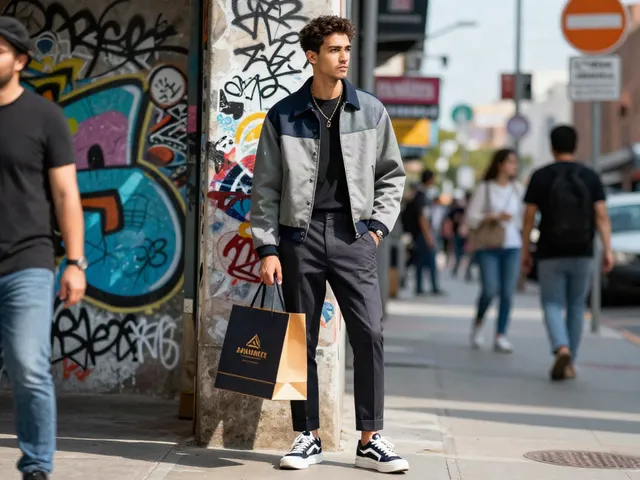 Een trendy man in heren kleding online poseert tegen een kleurrijke muur in de stad.