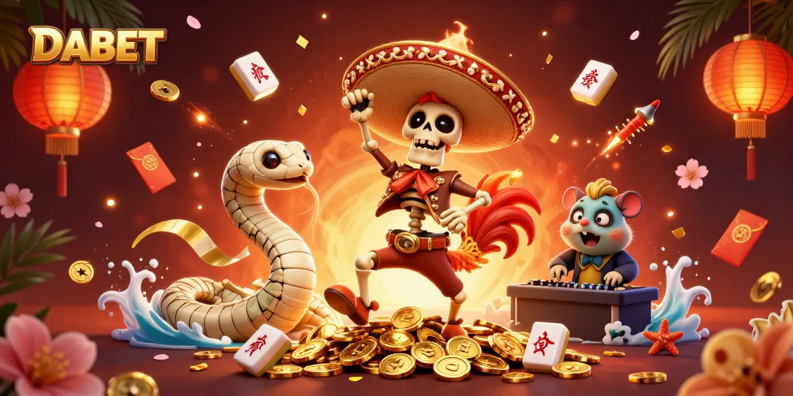 DABET brings excitement with a 3D illustration of a mariachi rooster and friends celebrating on gold coins.
