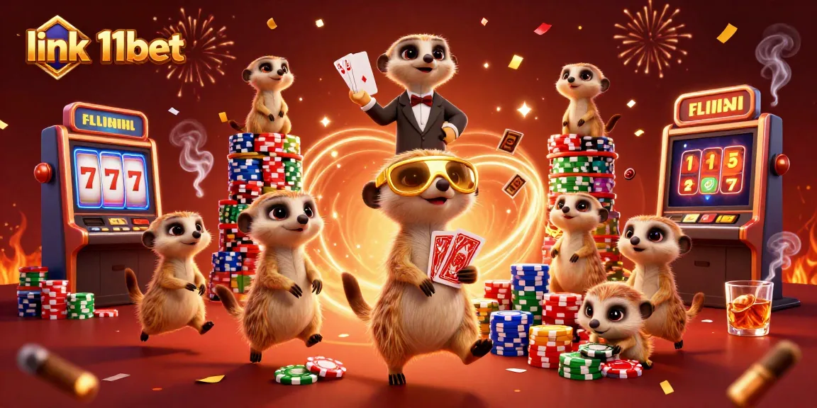Experience the excitement of link 11bet with cartoon meerkats running a vibrant casino scene filled with slots and chips.