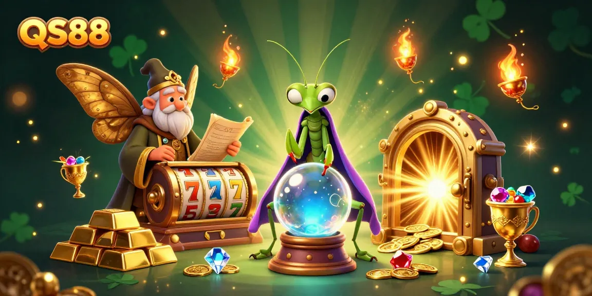 Engage with QS88's vibrant and mystical 3D illustration featuring a fortune teller and gems.