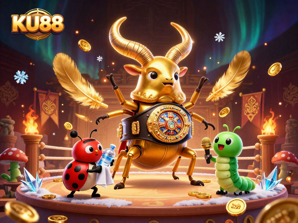 Engage with KU88's exciting gaming scene featuring a champion beetle and fun characters.