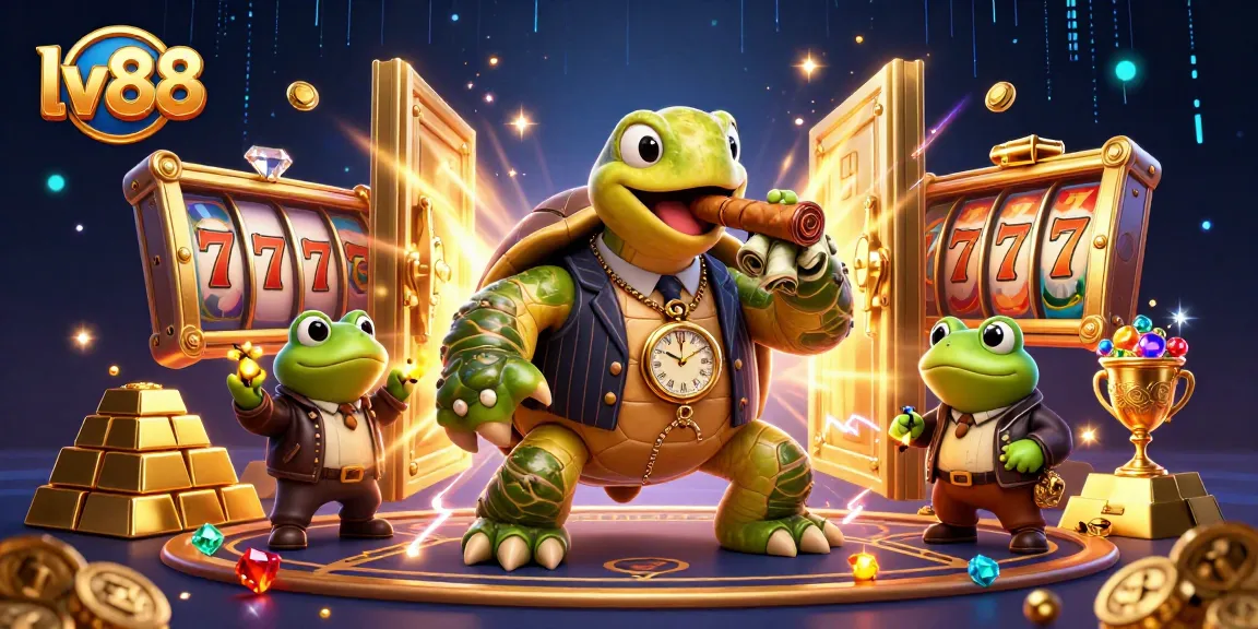 Experience the excitement of lv88 with a 3D illustration featuring a turtle in a tuxedo, jackpot slots, gold treasures, and more.