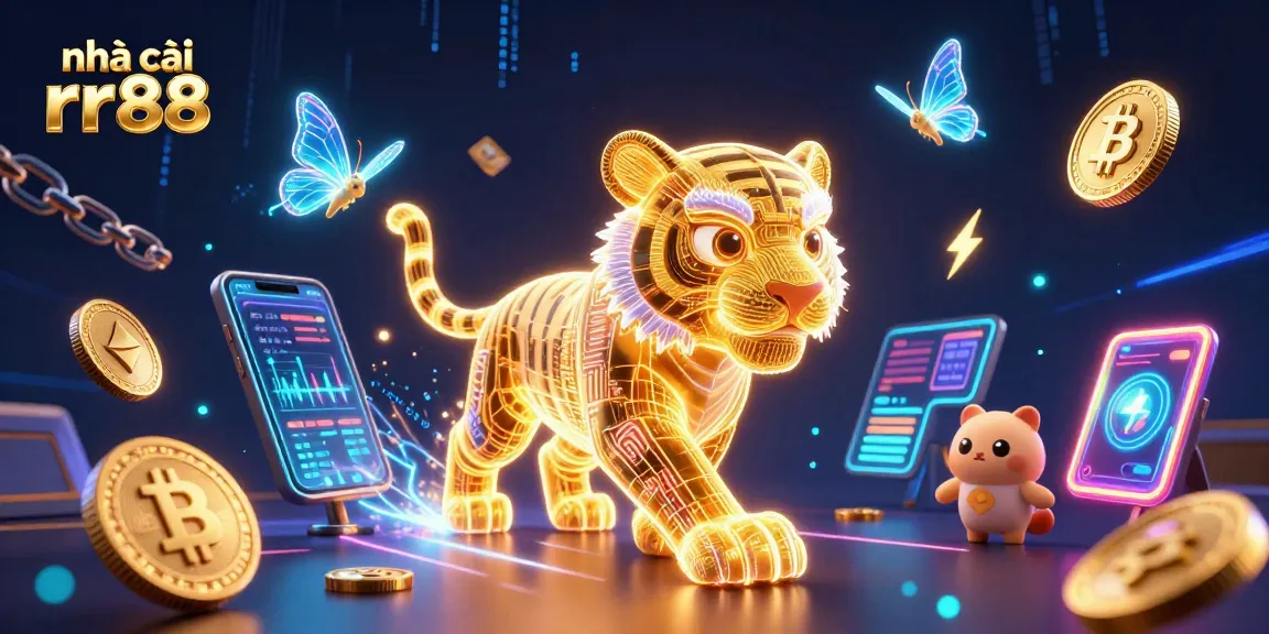 Join the excitement at nhà cái rr88, featuring dynamic gaming elements and a neon digital landscape.