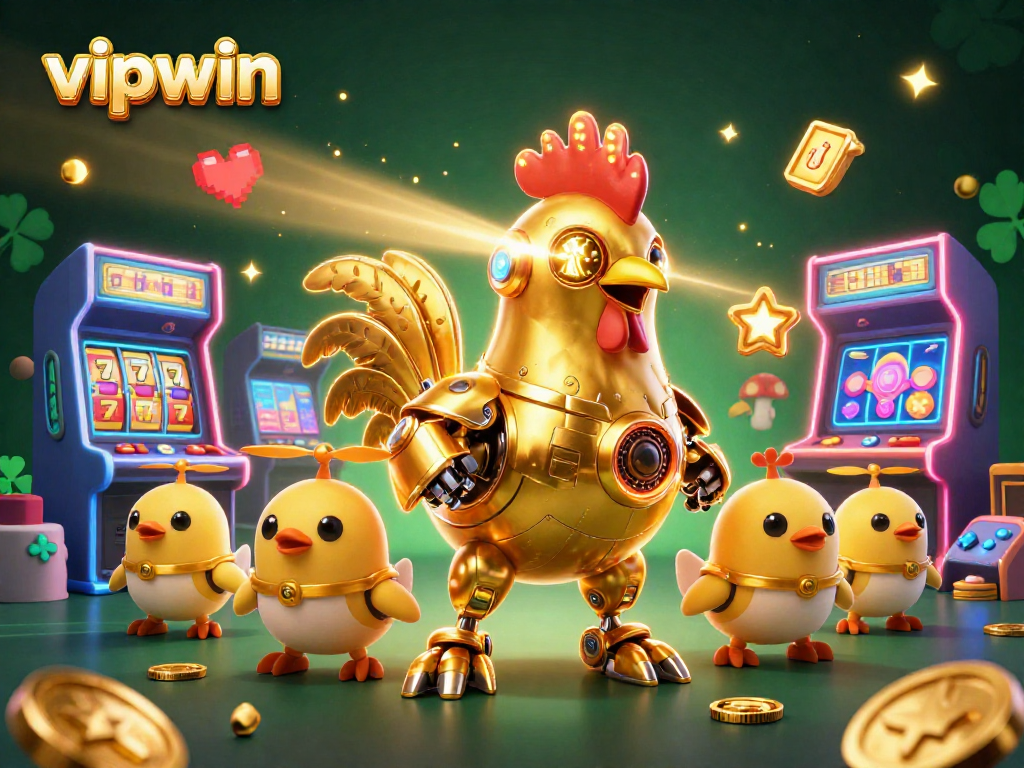 Experience thrilling gameplay at vipwin with a vibrant 3D casino scene featuring a golden rooster robot and colorful arcade machines.
