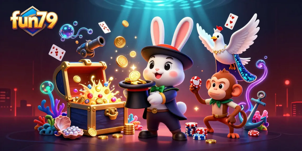 fun79 players enjoying thrilling moments with 3D characters in a vibrant colorful casino scene.