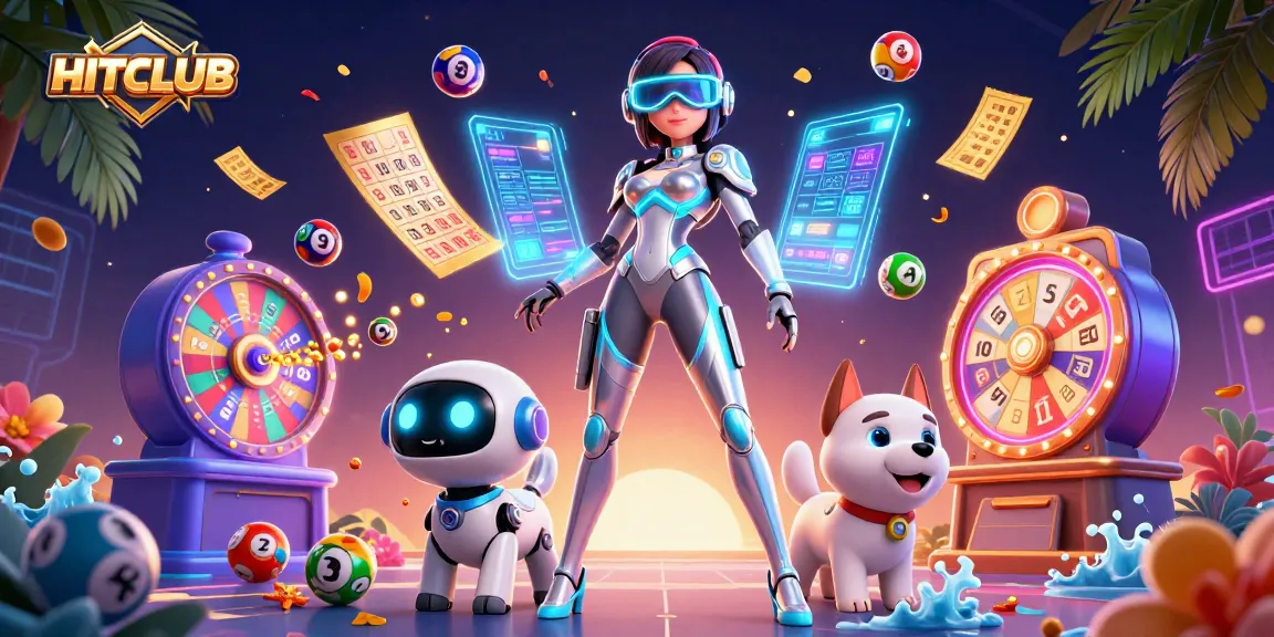 Experience exciting gaming opportunities at HITCLUB with colorful dynamic casino elements and vibrant characters.