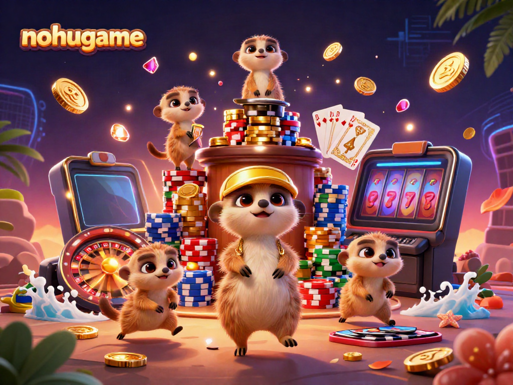 Experience vibrant gameplay action at nohugame with a lively meerkat casino scene filled with golden coins and slot reels.