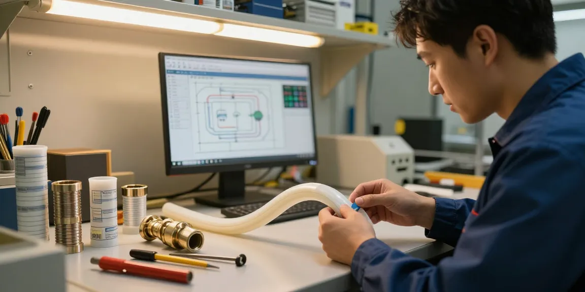 Technicus inspecteert FEP-buis in moderne werkplaats met gereedschap en technische diagrammen.