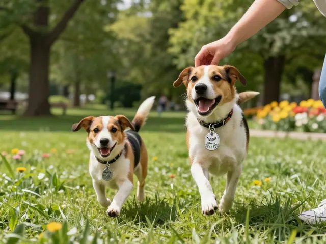 Een hondenlabel met de naam van de hond terwijl de eigenaar speelt in het park.