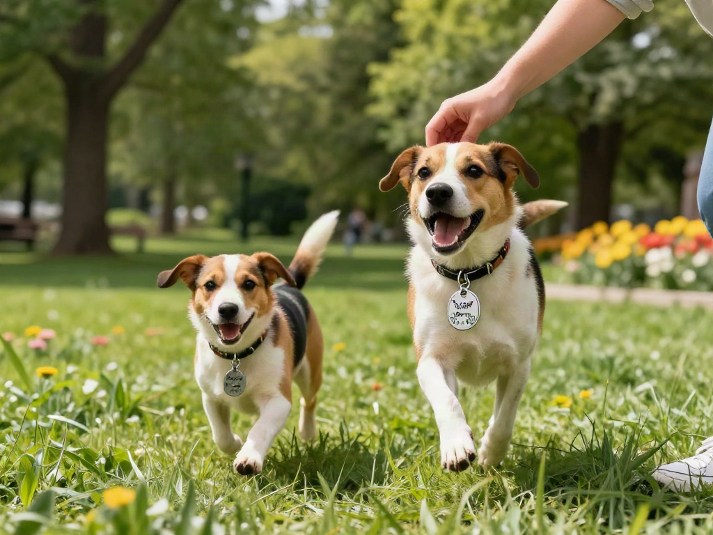 Een hondenlabel met de naam van de hond terwijl de eigenaar speelt in het park.