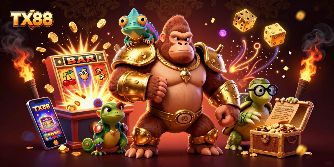 TX88 showcases a vibrant gorilla king and friends celebrating a slot jackpot win.