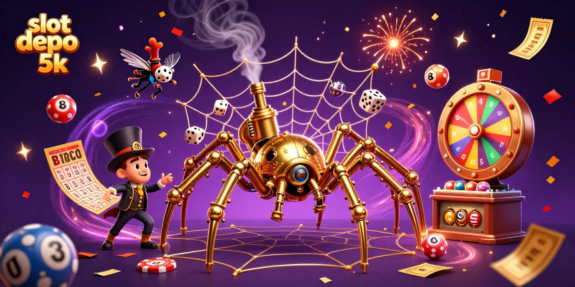 Engage with slot depo 5k excitement as a golden spider ensnares lucky dice amidst falling lottery elements.