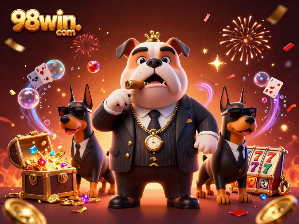 Experience thrilling gaming adventures with 98win. com featuring a mafia boss and treasure elements.