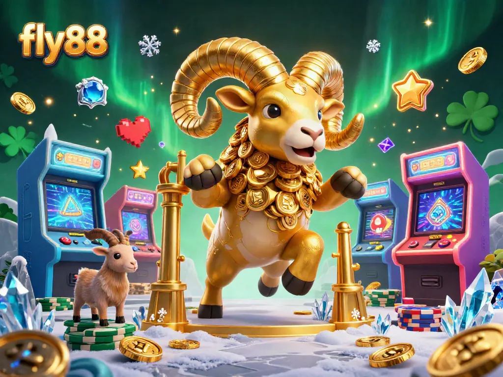 Experience the thrill of casino gaming with fly88 and an exciting golden ram charging through a vibrant arcade world.