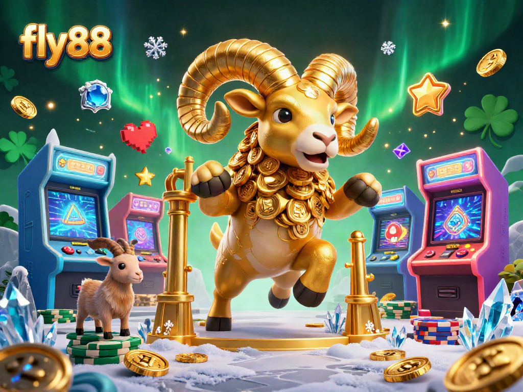 Experience the thrill of casino gaming with fly88 and an exciting golden ram charging through a vibrant arcade world.