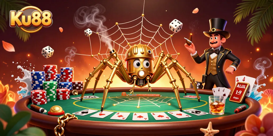 Experience thrilling gameplay with Ku88, featuring a steampunk spider and dynamic poker elements.