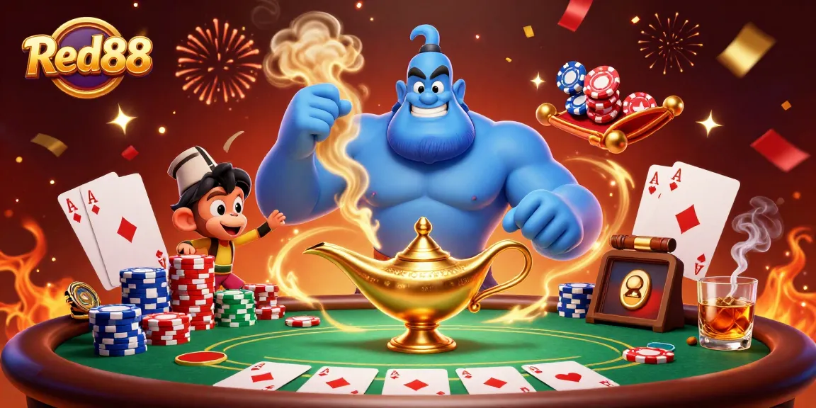 Engage with Red88's thrilling atmosphere as the genie and monkey celebrate big wins at a poker table.