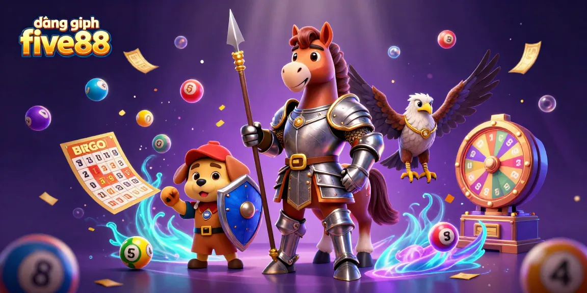 Engage with the exciting world of đăng nhập five88, features a knight, puppy, falcon, and lottery elements.