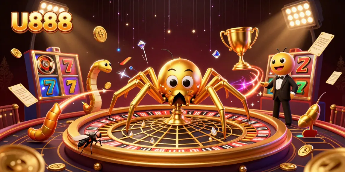 Experience exciting gameplay with U888 as a cartoon spider spins a golden roulette web.