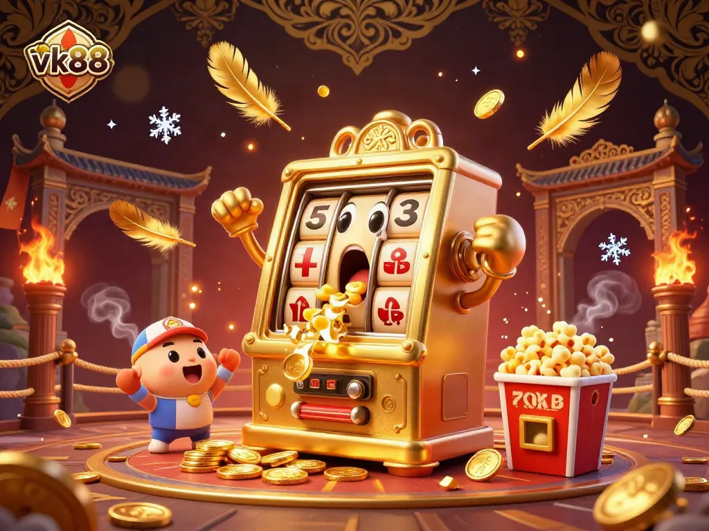 Experience the excitement of vk88 with a golden slot machine celebrating its jackpot amidst cheering companions and dynamic casino elements.