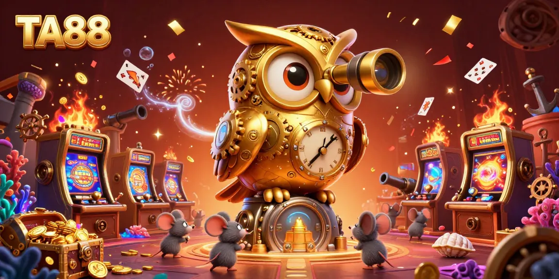 Join the excitement at TA88 with an illustrated scene of a golden owl and lively characters on a casino floor.