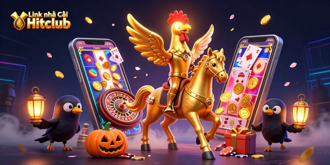 Engage with Link nhà cái Hitclub by exploring vibrant casino adventures in a dynamic 3D illustration.