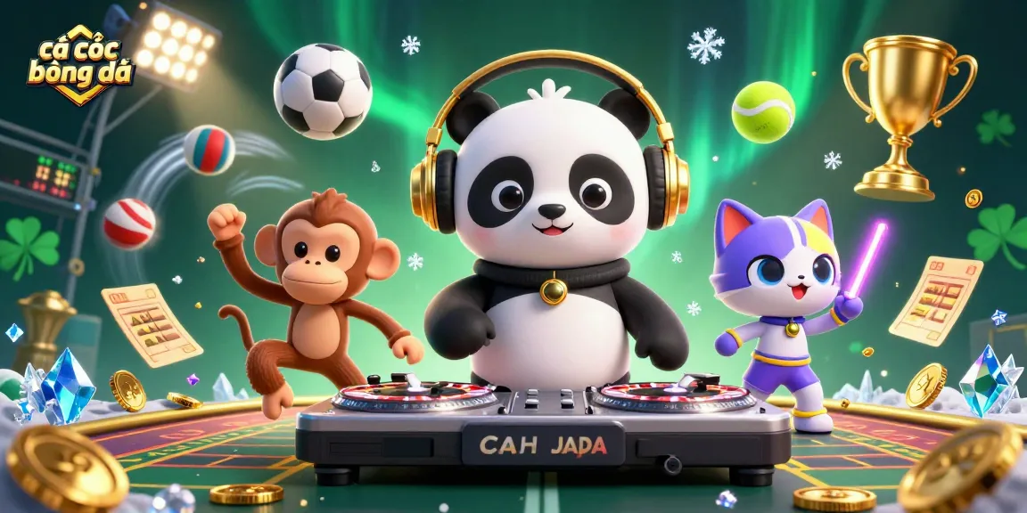 Engage in cá cược bóng đá with a vibrant scene of a DJ panda, dancing monkey, and rave kitten amidst sports elements.
