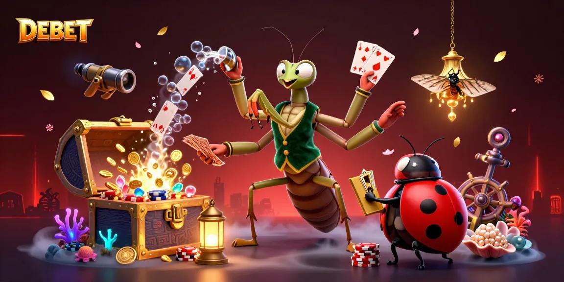 Experience thrilling gameplay at DEBET with a lively cartoon scene featuring a vibrant praying mantis dealer and colorful casino elements.
