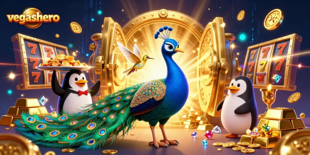 Experience vegashero's vibrant casino scene featuring a majestic peacock and treasure elements.