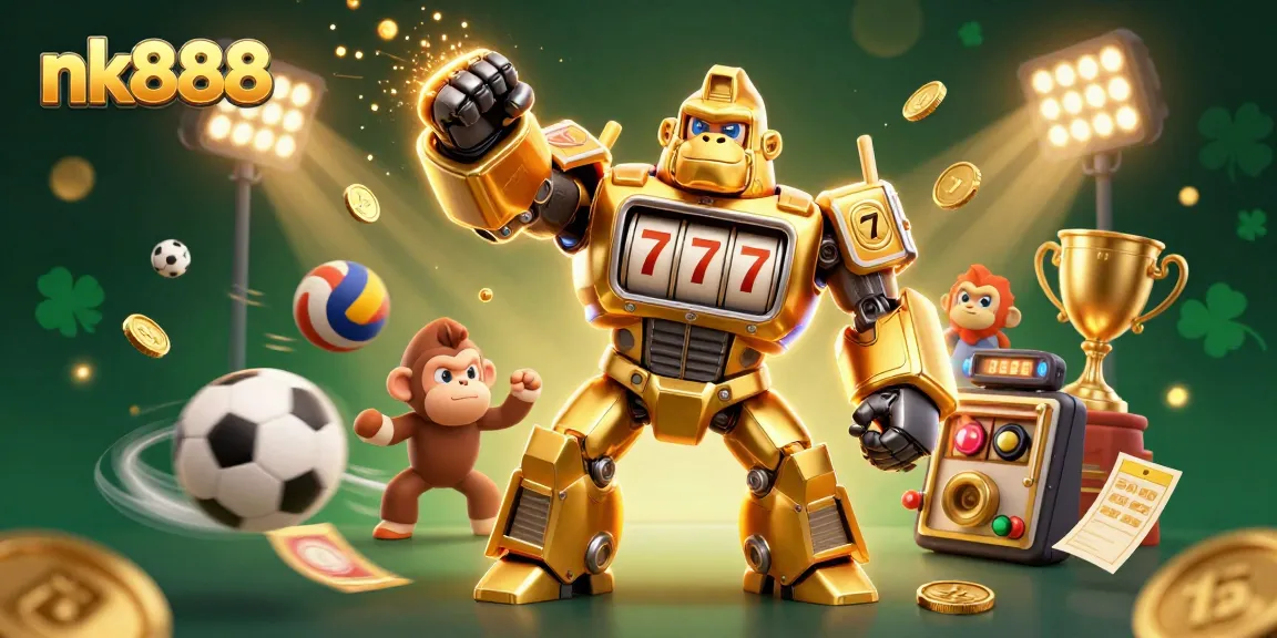 Experience thrilling action with nk888 as the golden gorilla mech punches upward amid dynamic sports elements.