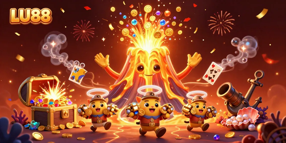Experience the excitement of LU88's vibrant casino atmosphere with a golden volcano and treasures.