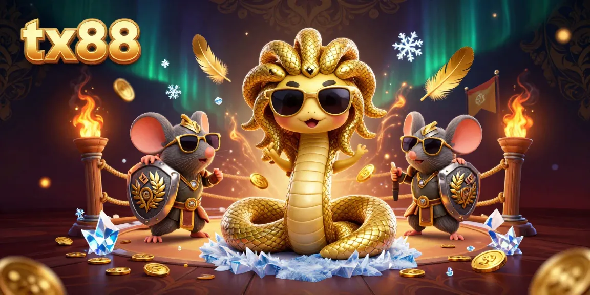 Experience the excitement of tx88 with Medusa and a warrior mouse in a vibrant casino showdown.