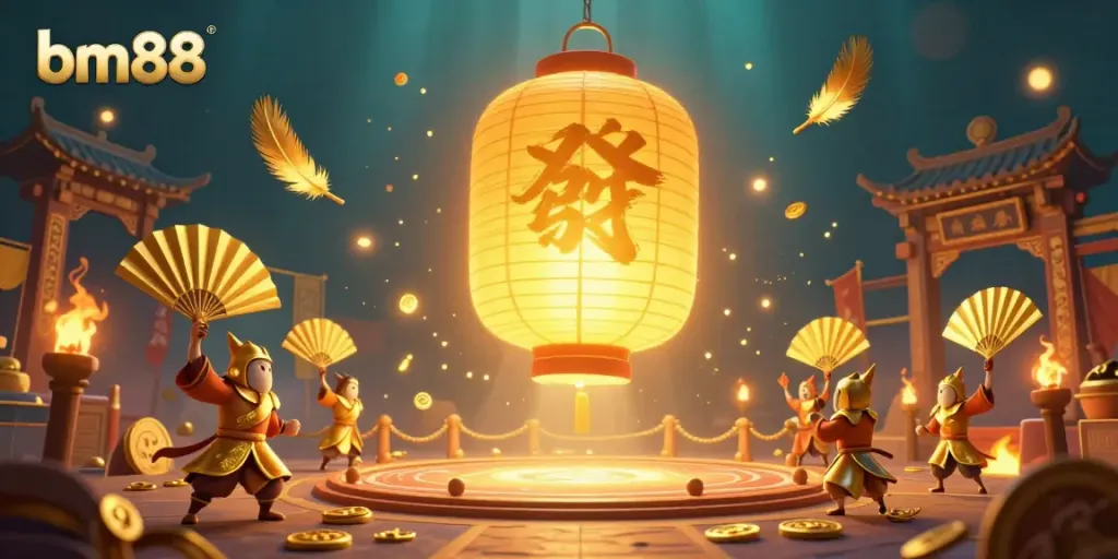 Experience the vibrant night market casino scene with bm88, showcasing a glowing lantern spirit and golden companions among dynamic gaming elements.
