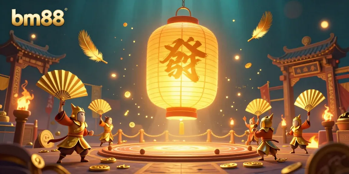 Experience the vibrant night market casino scene with bm88, showcasing a glowing lantern spirit and golden companions among dynamic gaming elements.