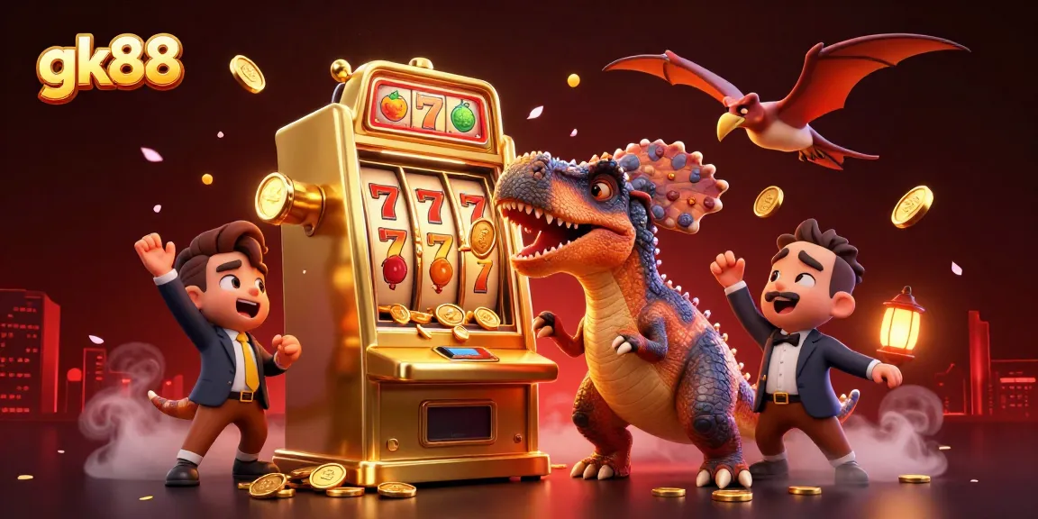 Experience the thrill of gk88 as a dinosaur hits a slot machine winning gold coins in this vibrant casino scene.