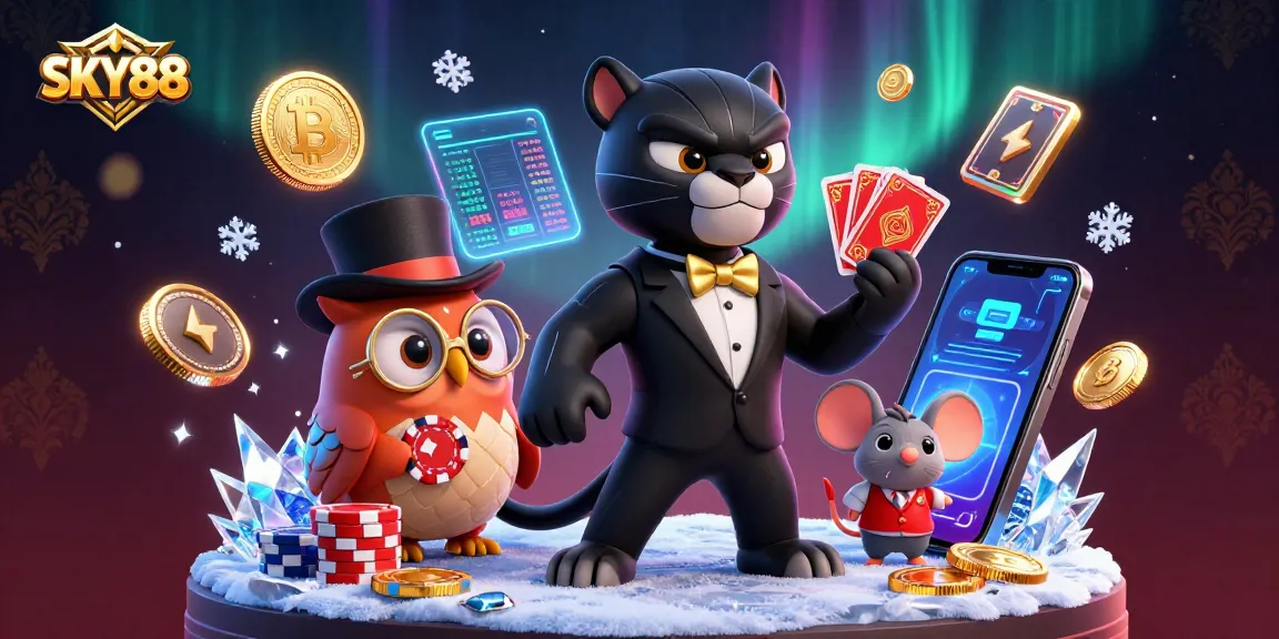 SKY88 invites players to a vibrant scene with cartoon characters, poker chips, and dazzling crypto coins.