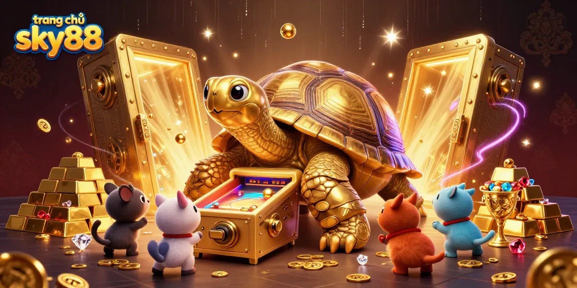 Experience the excitement at trang chủ sky88 with a colossal tortoise pinball machine surrounded by treasures.