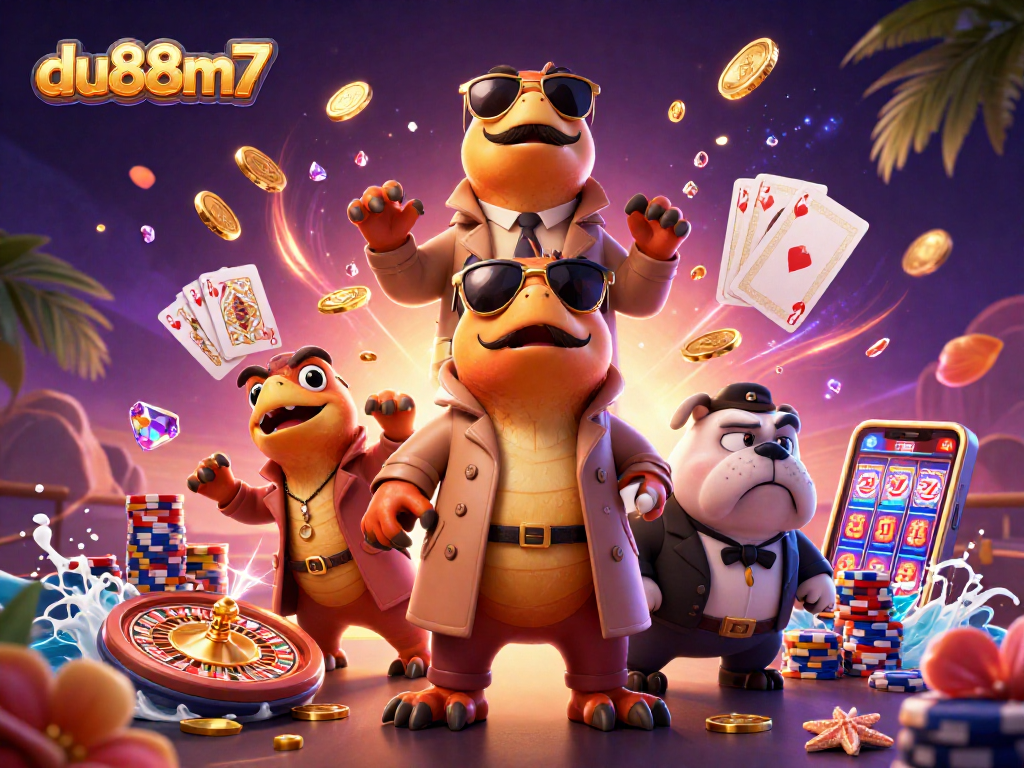 Experience du88m7's thrilling casino world with raptors in a trench coat, golden coins, and vibrant game elements.