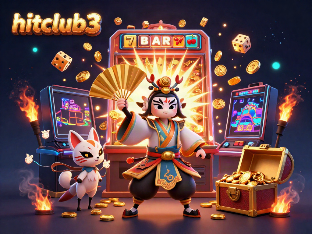 Engage with hitclub3's thrilling casino experience, showcasing vibrant characters and dynamic slot elements.