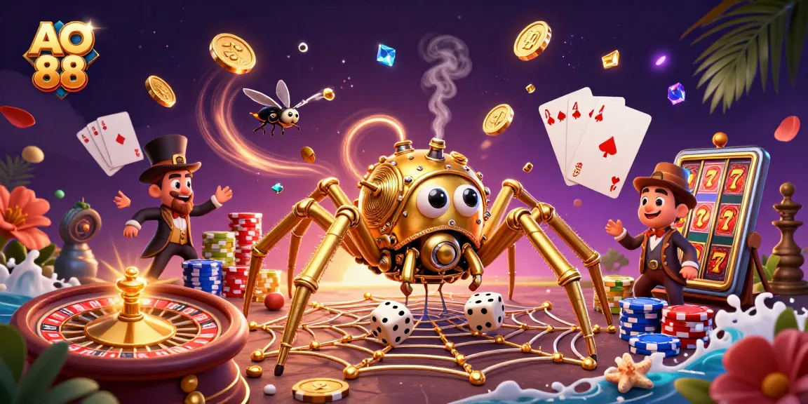 Experience the thrilling world of AO 88 with a steampunk golden spider, cascading coins, and vibrant game elements.