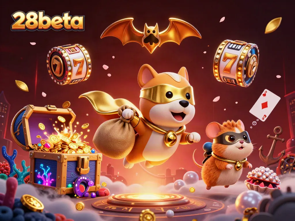 Experience thrilling wins at 28beta with a dynamic scene of a superhero dog flying through a vibrant casino.
