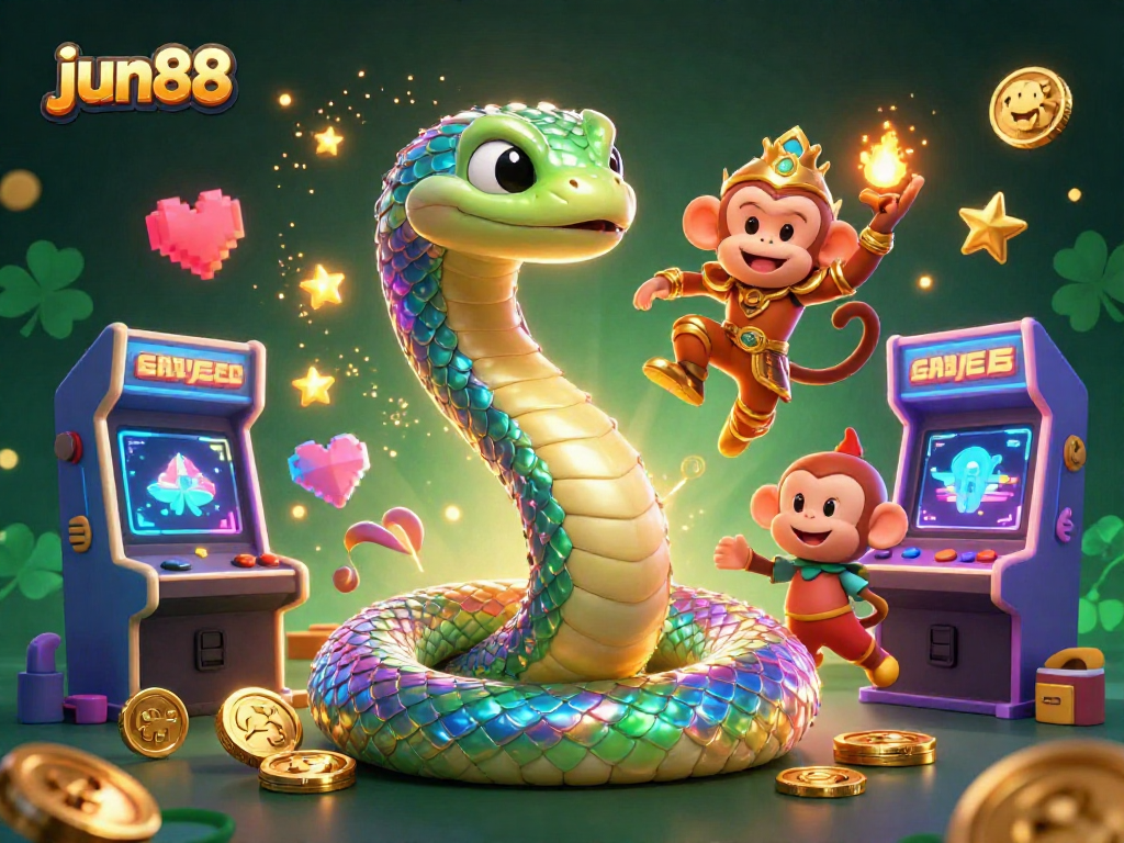 Immerse in the jun88 excitement with a rainbow serpent and monkey king in a vibrant gaming paradise.